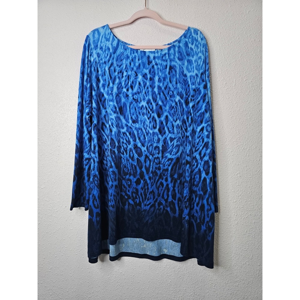 Linea by Louis Dell Olio Womens 2X Blue Leopard Ombre Long Sleeve Tunic Top